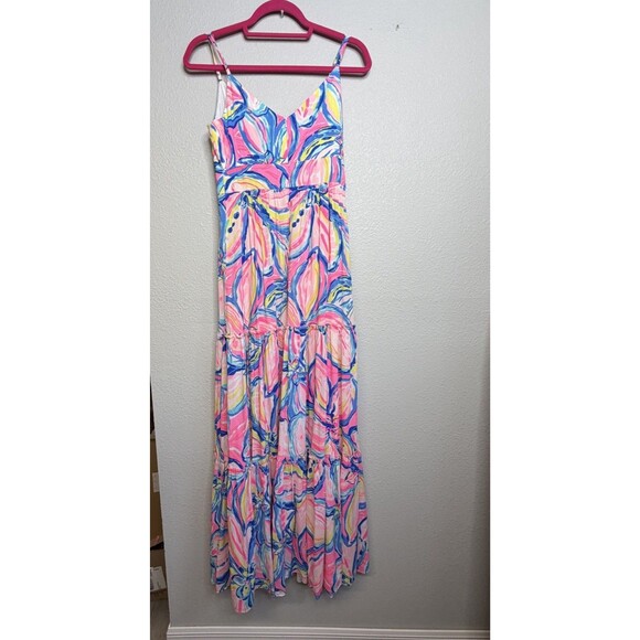 Lilly Pulitzer Melody Maxi Dress Sz 2 Pink Blue Tropical Beachy Preppy Tiered - Picture 5 of 5